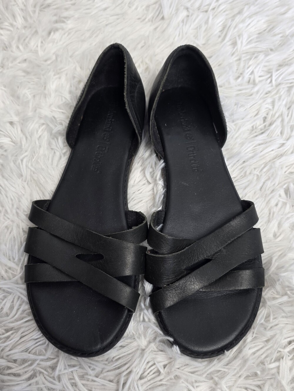 Timberland Caswell Black Leather Strappy Sandals Flats OrthoLite Women's Size 7